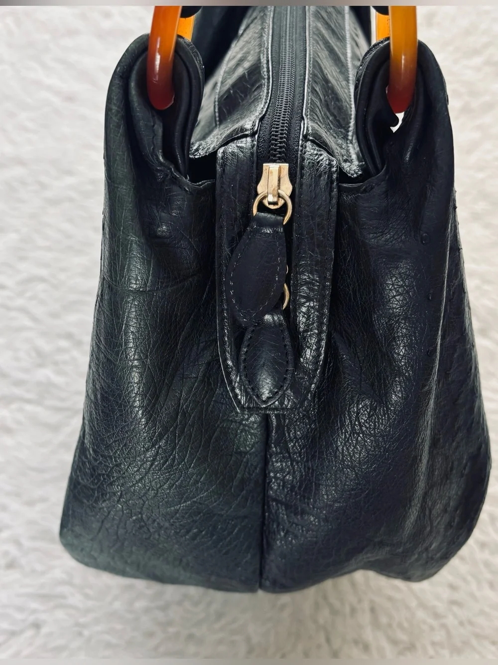 Vintage Black Genuine Ostrich Skin Leather Large Satchel Bag Size 13”x11”x7”